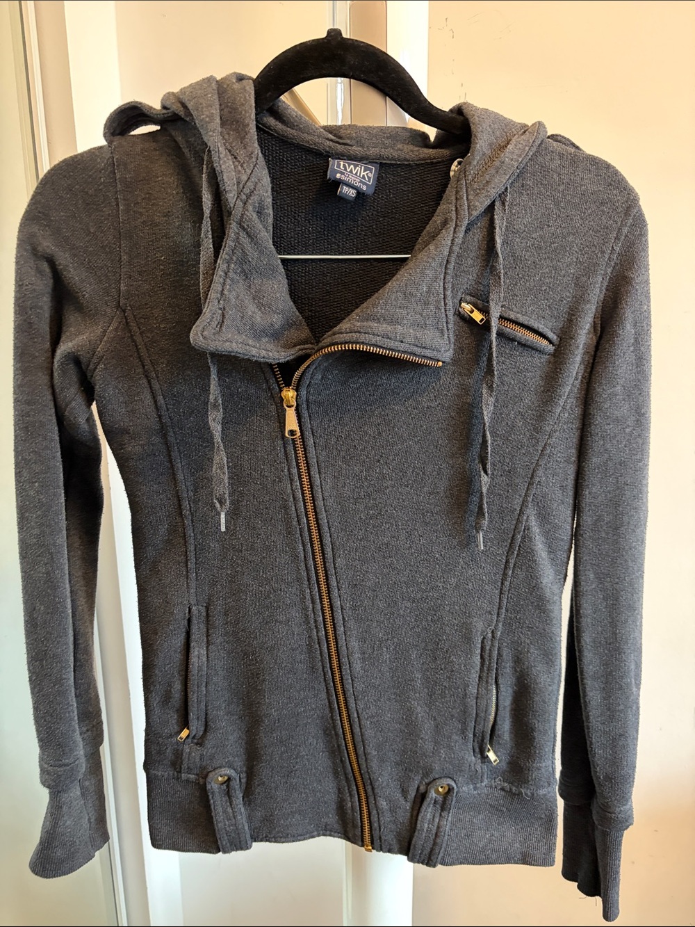 twik Charcoal Gray Hooded Zip Sweatshirt with Gold Hardware